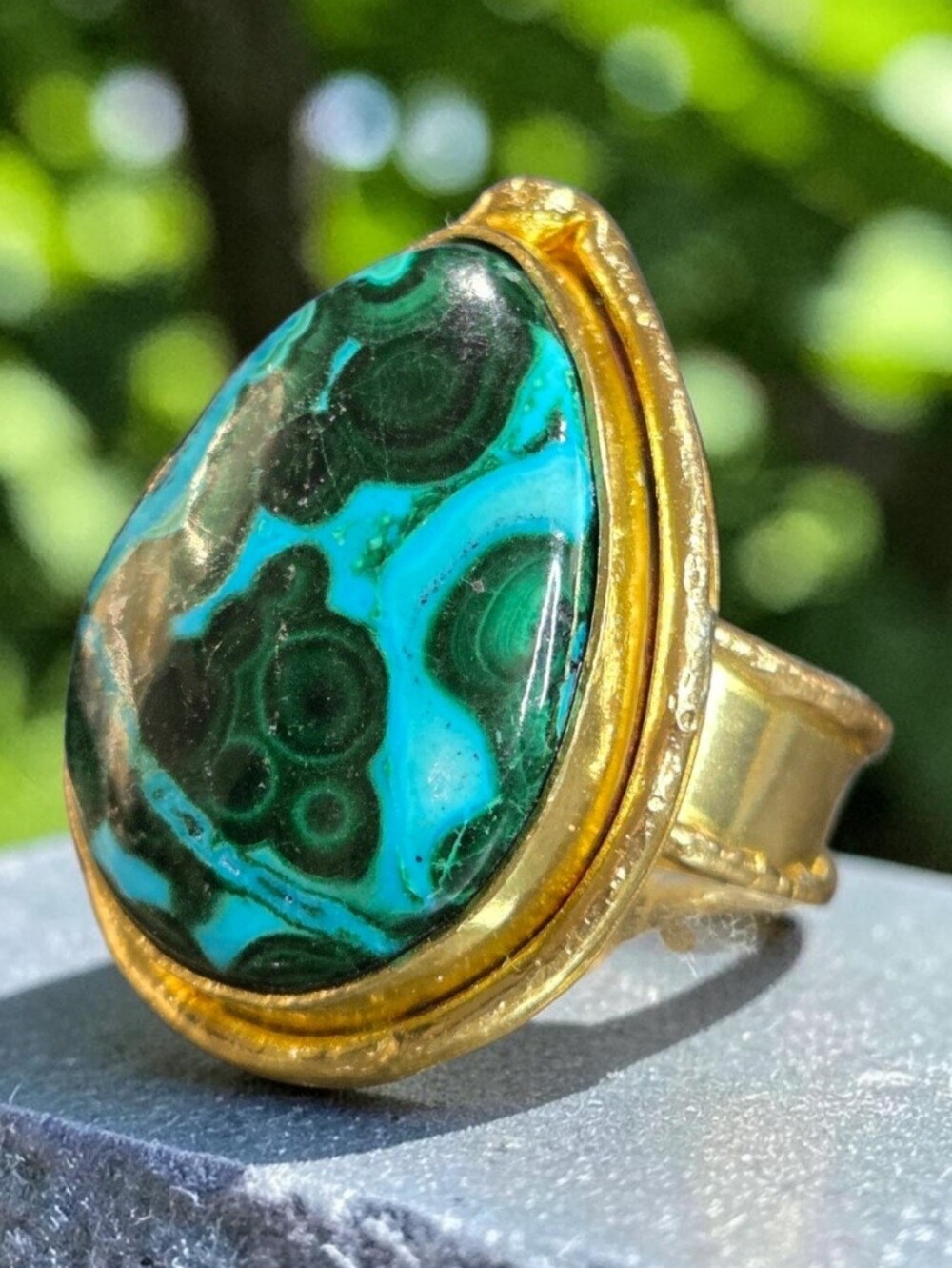 Incredible 18k Gold Plated Artisan Chrysocolla Malachite Natural Stone Ring - Picture 2 of 7